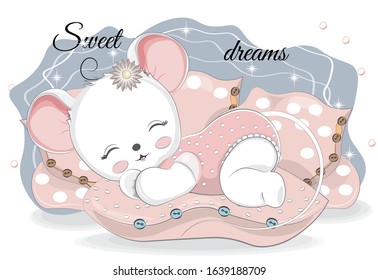 adorable sleepping little baby mouse in Bodysuit on pillows Picture in hand drawing cartoon style, for t-shirt wear print, fashion design, baby shower. greeting card, party invitation