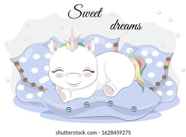 adorable sleepping little unicorn with rainbow tail on pillows. Picture in hand drawing cartoon style, for t-shirt wear print, fashion design, baby shower. greeting card, party invitation