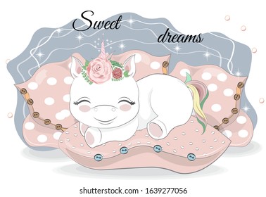 adorable sleepping little unicorn with rainbow tail on pillows. Picture in hand drawing cartoon style, for t-shirt wear print, fashion design, baby shower. greeting card, party invitation