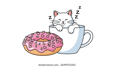 Adorável gatinho sonolento em uma xícara de café ao lado de uma rosquinha doce