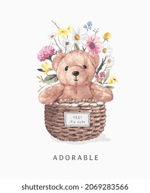 adorable slogan with bear doll in flowers basket vector illustration