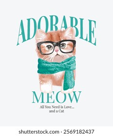 adorable slogan with fluffy kitten wearing green scurf vector illustration