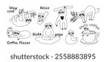 Adorable sloth animals collection doodle with lettering. Hand drawn tropical bears character on the tree, sitting, hanging and relax