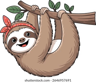 Adorable sloth climbing tree and hanging upside down on a branch white background.eps