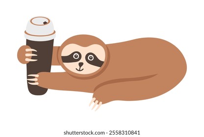 Adorable sloth with coffee take away cartoon. Hand drawn tropical bear with cup of coffee