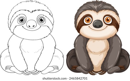 Adorable sloth in color and outline
