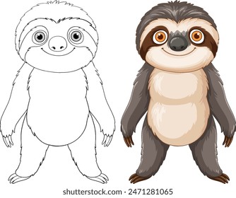 Adorable sloth in color and outline