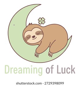 Adorable sloth dreaming of luck, cuddled on a soft green crescent moon with lucky clover, serene illustration