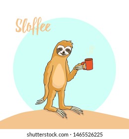 Adorable sloth drinking coffee in the morning. Sloth with a red cup of coffee. Tropical pattern for textile prints, poster, cute stationery, print for caps and T-shirts. EPS8 vector illustration