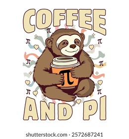 adorable sloth enjoying a coffee cup with a pi symbol. perfect for mugs, t-shirts, and other merchandise.  cute, quirky, and fun design for math and coffee lovers.  high-resolution image,