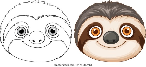 Adorable sloth face in color and outline