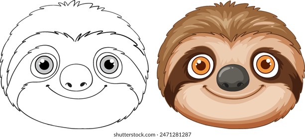 Adorable sloth face in color and outline