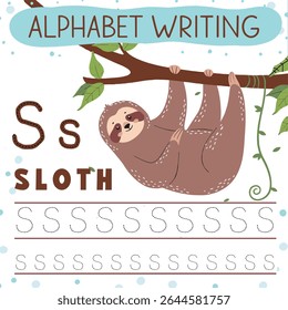Adorable Sloth Hanging from a Branch with Alphabet Writing Lesso