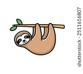 Adorable sloth hanging on branch. A cute and cheerful sloth hanging upside down on a branch. The sloth