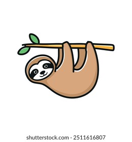 Adorable sloth hanging on branch. A cute and cheerful sloth hanging upside down on a branch. The sloth's relaxed posture and happy expression convey a message of tranquility and peaceful existence.