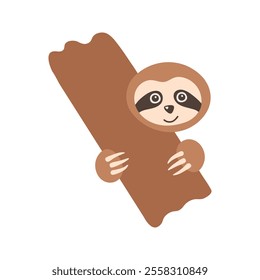 Adorable sloth hugs wooden board. Hand drawn funny tropical bear cartoon