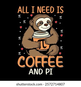 adorable sloth illustration enjoying a cup of coffee with a fun pi symbol. perfect for mugs, apparel, or any project needing a touch of quirky charm and math-themed cuteness. high-resolution image, 