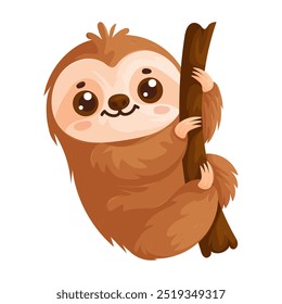 Adorable sloth illustration hanging on a tree branch, perfect for childrens designs, animal-themed projects, or playful prints.