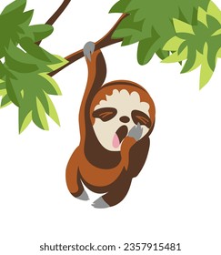 Adorable sloth on a tree branch with lush green leaves. Charming vector depiction, perfect for various creative projects