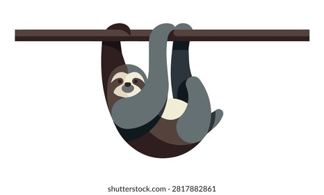 Adorable sloth resting on a tree branch with calm eyes and soft fur, surrounded by green leaves in a peaceful nature environment