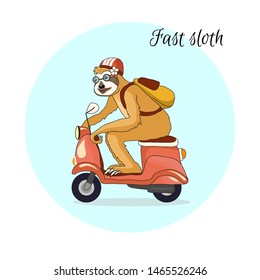 Adorable sloth riding a pink scooter. A sloth-girl travels by motorcycle in a helmet and yellow backpack. Tropical pattern for textile prints, a poster, cute stationery, a print for cups, caps 