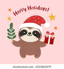 Adorable sloth in Santa hat holding Christmas gift and holiday greenery with "Happy Holidays" text. Festive, cute vector illustration for Christmas cards, invitations and seasonal decor in flat style.
