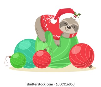 An adorable sloth in a Santa hat and a sweater sleeps on Christmas balls. Vector illustration.