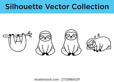 Bezaubernde Faultier Silhouette Vektorsammlung mit verschiedenen Posen wie hängen, sitzen und schlafen, perfekt für Design-Projekte.
