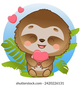 Adorable sloth sits and hugs a heart. Sloth in kawaii style. Sloth with a heart. Vector illustration of drawings, prints and patterns. Vector illustration