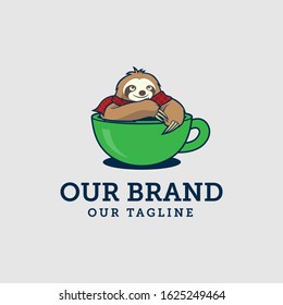 an adorable sloth sitting in a coffee cup, looking over the edge. He wears a red and black checkered scarf.
