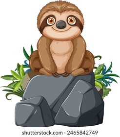 Adorable sloth sitting on rocks with plants