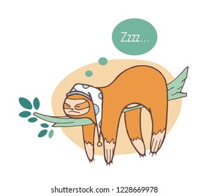 Adorable sloth sleeping on branch. Lazy wild jungle animal taking nap or dozing on rainforest tree. Funny cartoon character isolated on white background. Colored hand drawn vector illustration.