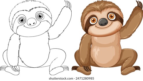 Adorable sloth waving in color and outline