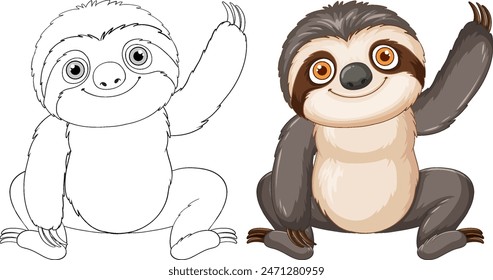 Adorable sloth waving, colored and outlined versions