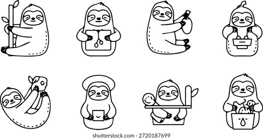 Adorable sloths engaging in various activities isolated on white background