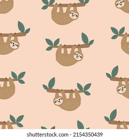 Adorable sloths hanging on a branch hand drawn vector illustration. Funny baby character in flat style. Animal seamless pattern.