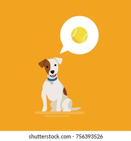 Adorable small happy dog thinking about toy ball. Play time. Cute Jack Russell terrier ready to play vector flat design illustration 