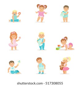 Adorable Smiling Babies And Kids In Blue And Pink Outfits Doing First Steps, Crawling And Playing Set Of Illustrations