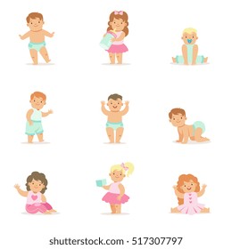 Adorable Smiling Babies And Toddlers In Blue And Pink Outfits Doing First Steps, Crawling And Playing Set Of Illustrations