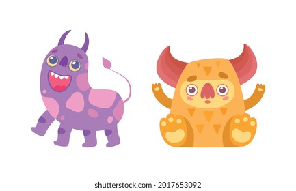 Adorable Smiling Baby Monsters Set, Funny Colorful Aliens Cartoon Vector Illustration
