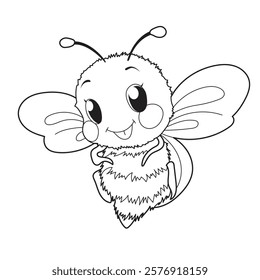 Adorable smiling bee coloring page with intricate details, perfect for kids and adults. Great for spring, nature lovers, or stress relief. Fun and creative activity