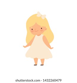 Adorable Smiling Blonde Little Girl in White Dress Cartoon Vector Illustration