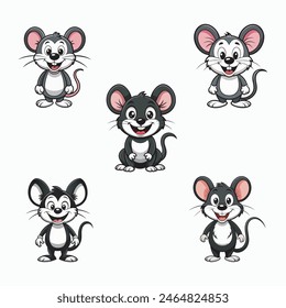 adorable sonriente silueta de ratón de dibujos animados negro diferente estilo de arte de línea de Ilustración vectorial sobre fondo blanco