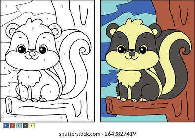 Adorable smiling cartoon skunk on tree branch. Cute animal character illustration for kids' coloring book or educational number color activity. Features color by number outline and completed image.