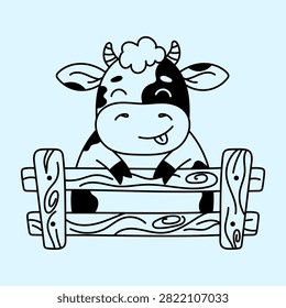 Adorable smiling cow peeking over rustic wooden fence. Friendly farm animal for dairy branding, children designs, packaging, stickers and rural themed graphics.
