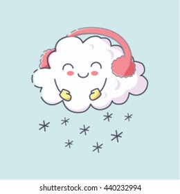 Adorable smiling cute winter snow cloud wears ear muffs and mittens. Easy to edit and recolor. Can be used as a t-shirt print or a baby book illustration. Can be used as a part of design. 