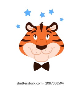 Adorable smiling dreaming tiger head isolated on white background. Flat happy character looking at stars above. Cute comic striped wildcat face. New Year symbol. Cartoon feline vector illustration.