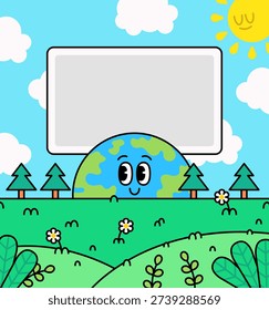 Adorable smiling earth character peeking from green hills with trees, flowers, clouds, and sun. Colorful cartoon vector illustration with blank board for text