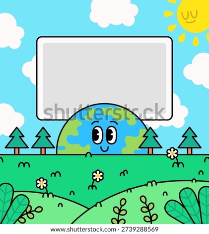 Adorable smiling earth character peeking from green hills with trees, flowers, clouds, and sun. Colorful cartoon vector illustration with blank board for text