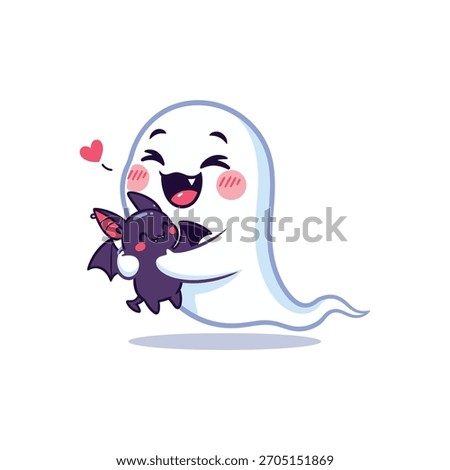 Adorable smiling ghost character embracing small purple bat